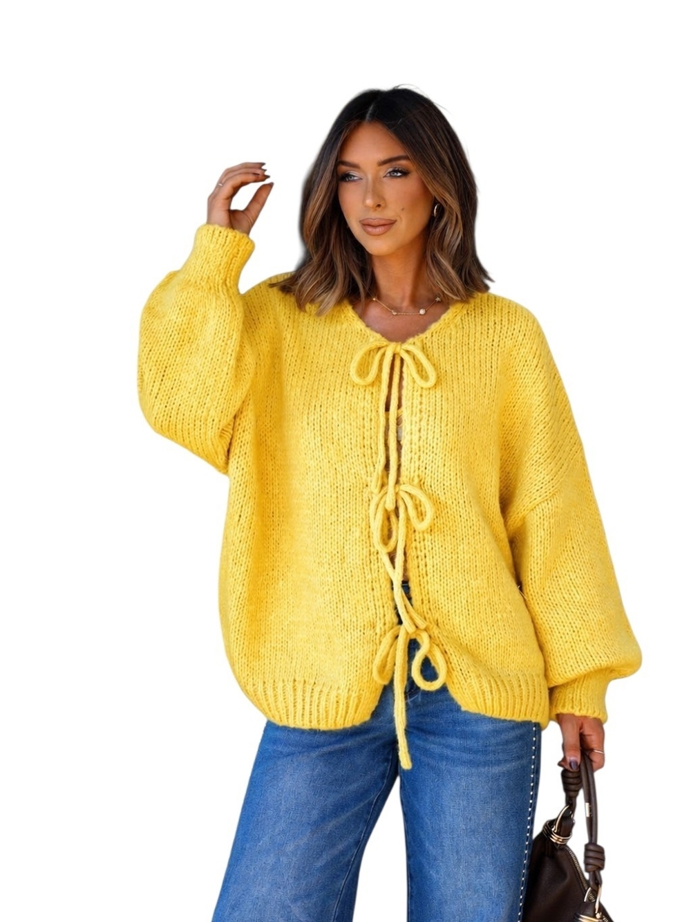 Women's Yellow Tie Front Knit Cardigan L Oversized Balloon Sleeves Boho Coquette